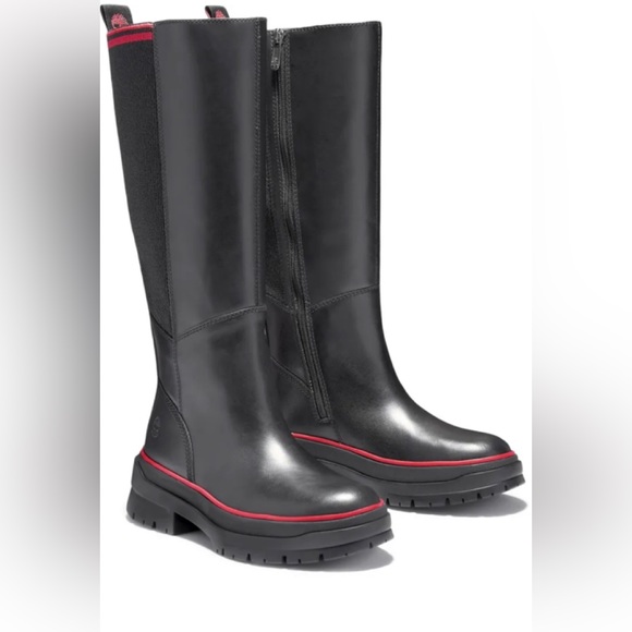 Timberland Tall Boot Waterproof Side Zip Malynn Black Red leather NEW womens 6 - Picture 2 of 10